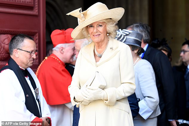 Queen Camilla could stand in for King Charles at France's D-Day 80th anniversary ceremony if he is too ill to attend.  Pictured: Camilla at the 75th D-Day commemorations in 2019