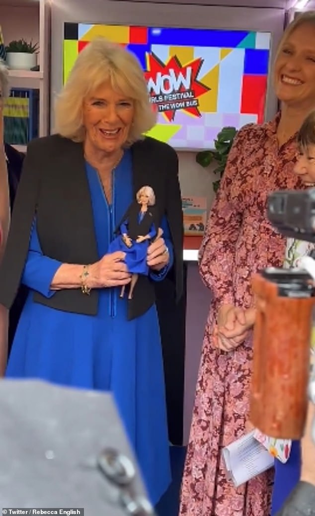 Pictured: Queen Camilla laughed and joked that the Barbie designers had 'taken 50 years off her life' when she was presented with her lookalike doll