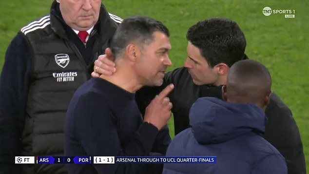 Arsenal manager Mikel Arteta (right) was accused of using an offensive phrase in Spanish towards Porto manager Sergio Conceicao (left), interpreted as a reference to his late mother.