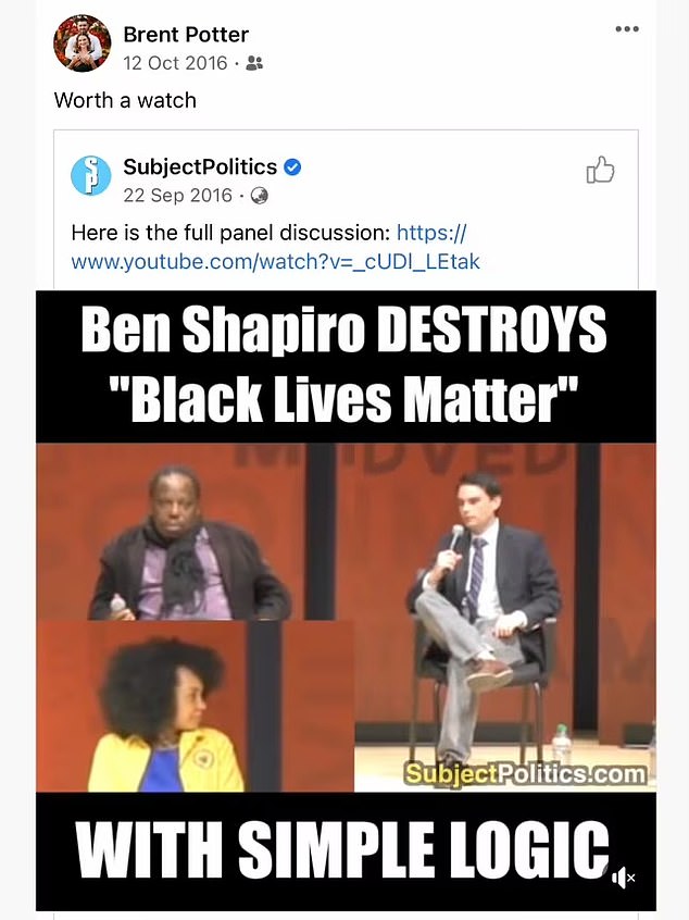 Potter had previously shared a video on Facebook (pictured) of commentator Ben Shapiro criticizing the Black Lives Matter movement.