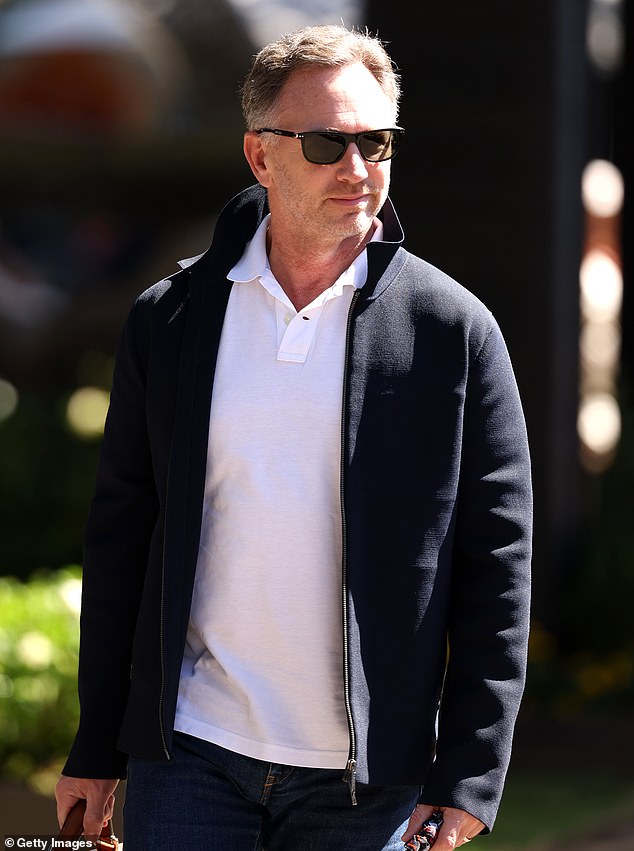Horner has had a tumultuous few weeks after being accused of 'inappropriate behaviour' by a Red Bull employee, but he looked relaxed in Melbourne on Thursday (pictured)