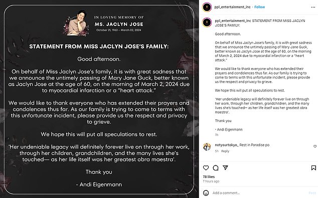 Jacyln José's family posted a post through her management company on Instagram confirming her death Monday morning.