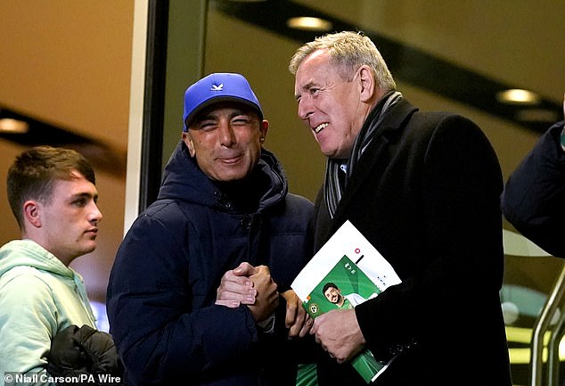 The former Chelsea manager met Irish great Packie Bonner (right)