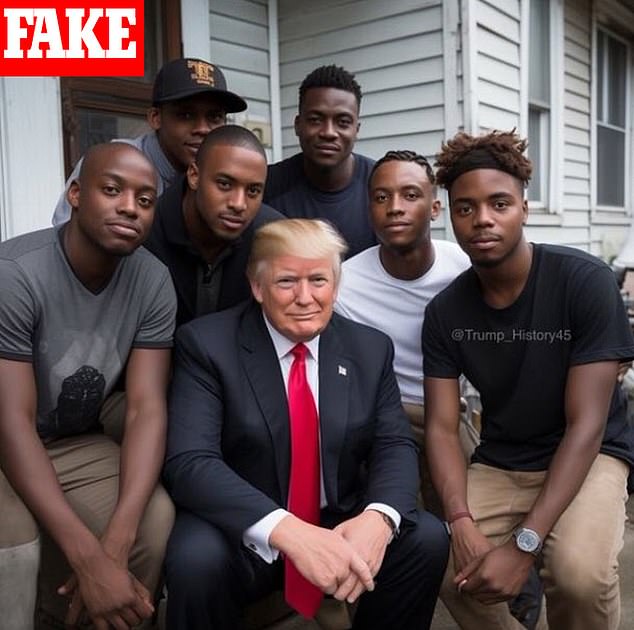This fake AI-generated image spread on social media claiming that former President Donald Trump stopped his motorcade to take a photo with this group of men, the image is not real.