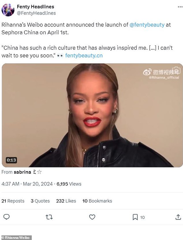 Rihanna announced on Wednesday that her Fenty Beauty brand would now be available in China from April 1, via Weibo.
