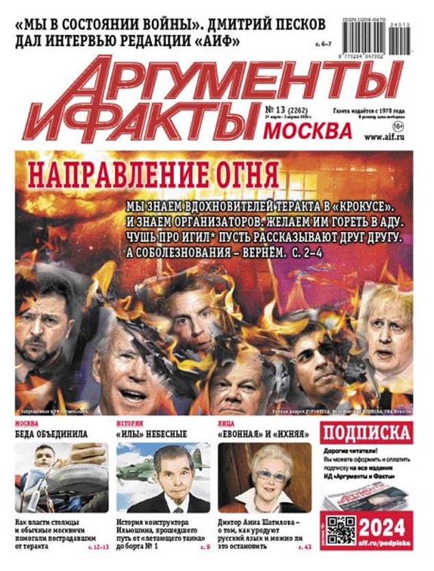 The strange cover of Arguments and Facts featured a giant firebox in the center of the page, depicting images of Western leaders.  The headline included the phrase: 'Let them burn in hell'