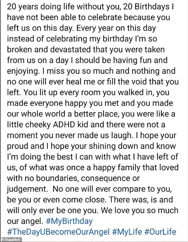Williams took to Facebook on Saturday to write an emotional message (pictured) to remember her friend