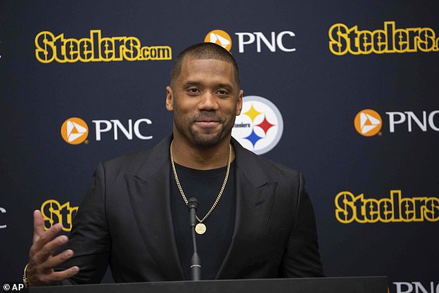 Russell Wilson speaks at his introductory Steelers press conference on Friday afternoon.