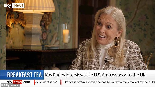 Jane Hartley attended an interview with Sky News' Kay Burley at her London residence.