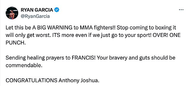 Garcia warned MMA fighters hoping to step into the boxing ring on his X account.