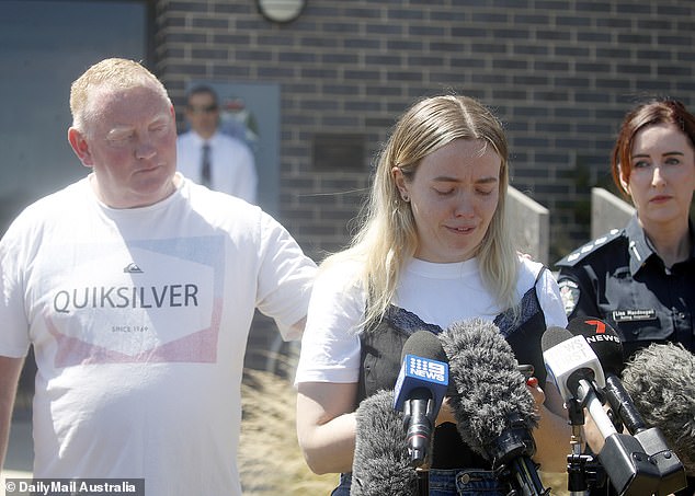 Samantha Murphy's daughter Jess breaks down in tears during a press conference with her father Mick on February 8.