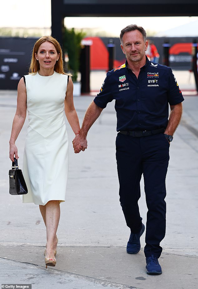 Pictured: Christian and Geri Horner are seen arriving at the Bahrain Grand Prix hand in hand after their flirty messages were leaked online.