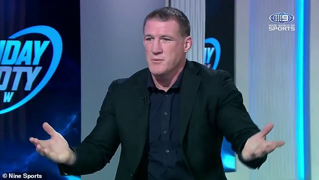 Gallen (pictured on air for Nine) had to be corrected by James Tedesco when he made a shocking mistake on Thursday night.