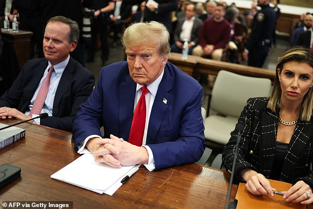 This comes as James appeared to be mocking former President Trump online as he fights for the staggering nearly $355 million fine in his civil fraud case plus interest. (Pictured: Trump in court during his civil fraud trial in New York)