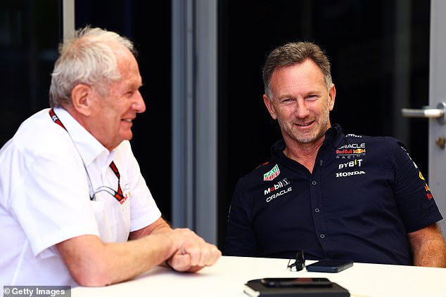 Horner (right) was seen with Marko inside the Red Bull hospitality area in Bahrain on Thursday.