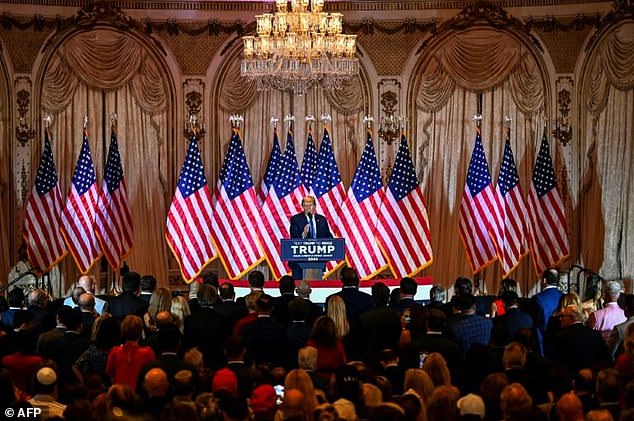 Maitlis confronted the Republican congresswoman at Donald Trump's Mar-a-Lago headquarters on Super Tuesday after the former president scored big victories in several states. Pictured: Trump speaks during the election night viewing party at Mar-a-Lago Club in Palm Beach, Florida, on March 5, 2024.