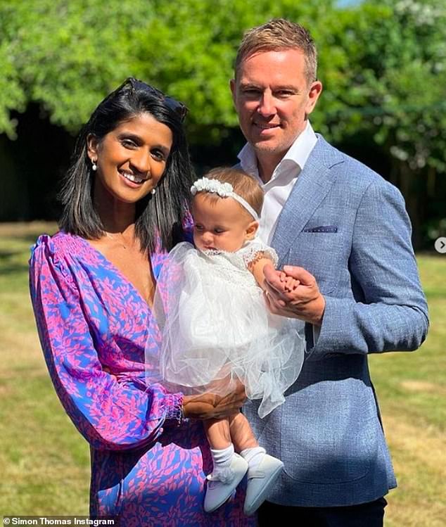 Simon Thomas said he feels 'blessed' as he prepares to welcome his second child with wife Derrina on Thursday (seen with their daughter Talitha)
