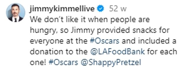 Host Jimmy Kimmel was responsible for the array of ceremony snacks at the ceremony, claiming he wanted to make sure no one went hungry