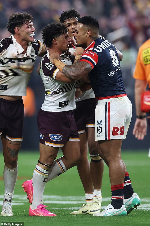 Leniu (pictured right during an on-field confrontation with Brisbane's Kotoni Staggs) has been referred straight to the judiciary by the NRL in a worrying sign for the Roosters forward.