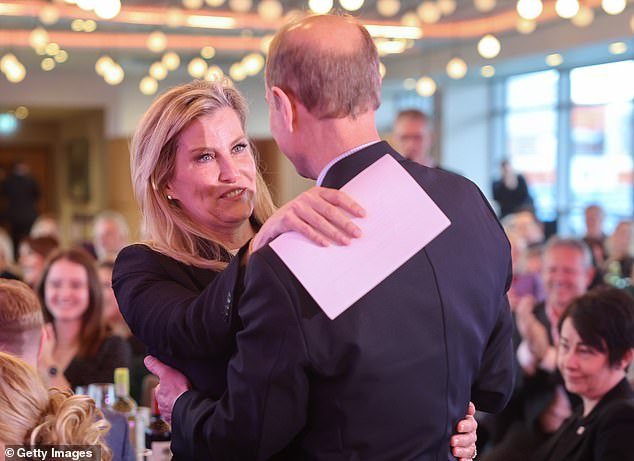 Prince Edward, Duke of Edinburgh and Sophie, Duchess of Edinburgh hug after their speech during the Community Sports and Recreation Awards on International Women's Day at Headingley Stadium on March 8, 2024.