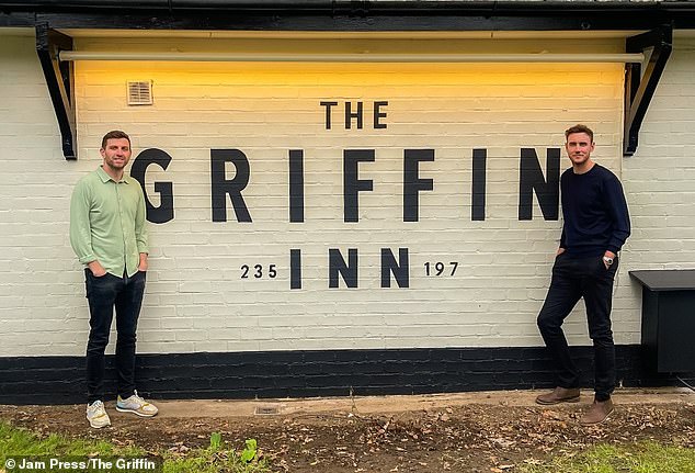 Stuart Broad and Harry Gurney (left and right) outside their new pub, The Griffin Inn