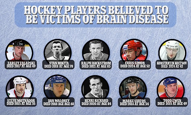 At least ten hockey players have died in as many years.  Although Koltsov (top right) has not been confirmed to have CTE, it is possible given his career and could have played a role in his suicide.