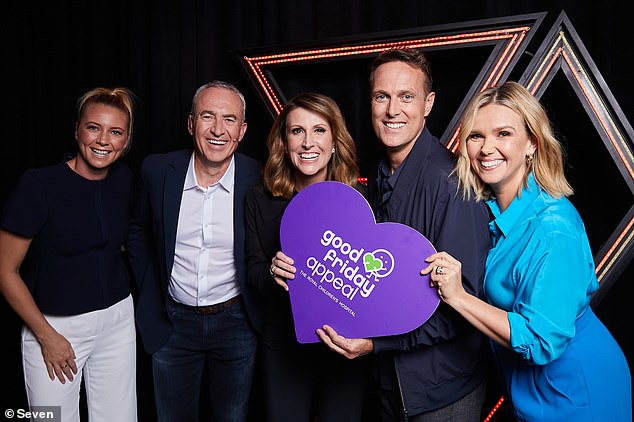Breakfast TV favorites Natalie Barr and Matt 'Shirvo' Shirvington joined their Sunrise team for the Good Friday Appeal in Melbourne on Friday.  Pictured (left to right): Katie Brown, Mark Beretta, Natalie Barr, Matt Shirvington and Edwina Batholomew.