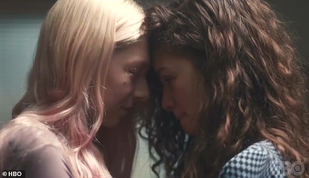 Hunter Schafer and Zendaya pictured in an intimate scene