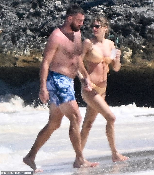 Travis Kelce may have gained a few pounds since his Super Bowl win last month, and the NFL champion showed off his figure on a getaway with girlfriend Taylor Swift.