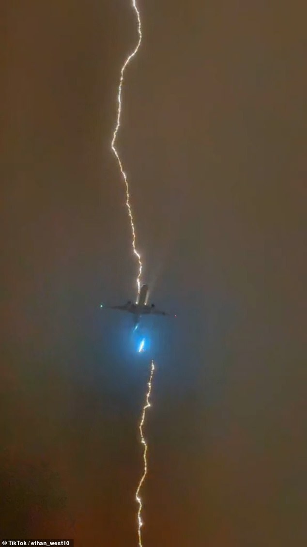 The lightning struck the plane squarely and continued down the other side toward the ground.