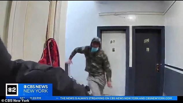 Terrifying video shows the moment a man grabbed a teenage girl from the hallway outside the door of her New York City home and jumped from the stairs.