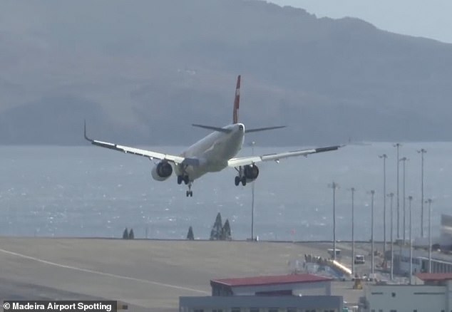 In terrifying images, the TAP Air Portugal Airbus can be seen swerving in the air before making an unstable landing at Madeira airport.