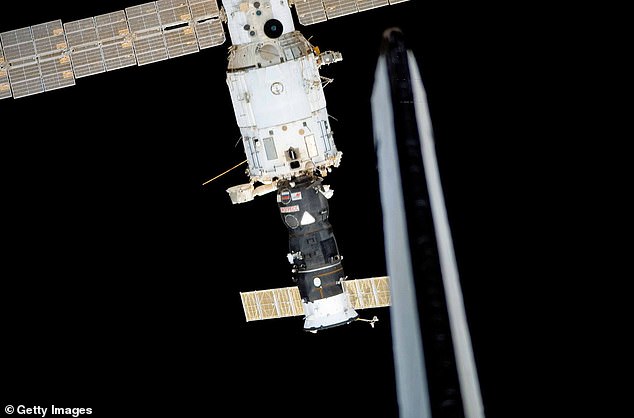A module on the Russian side of the orbital laboratory, called Zvezda, is leaking air through a one-meter hole, NASA confirmed.  The Russian freighter Progress 21 is seen docked at Zvezda in the center of this photo.