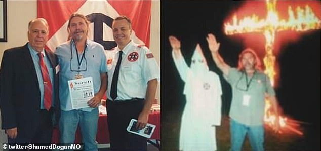 Pictured left, McClanahan (center) appears with KKK Knights Party leaders Thomas and Jason Robb.  On the right, he appears alongside a hooded Klansman at a cross burning in 2019.