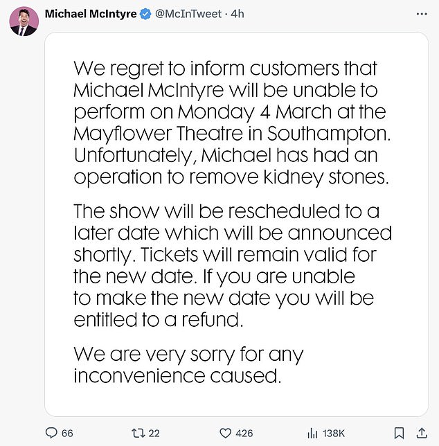 A member of Michael's team revealed that he underwent surgery to remove kidney stones and apologized for any inconvenience caused to fans. Kidney stones affect more than one in ten people, mostly between the ages of 30 and 60, and are caused by waste products in the blood that form crystals. Over time, the crystals build up to form a hard, stone-like mass.