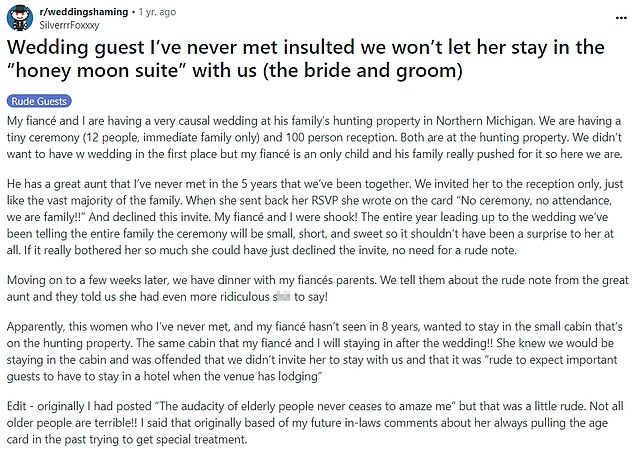 A bride-to-be has revealed how a wedding guest from hell was left furious after he was not allowed to stay in the couple's honeymoon suite on their first night as newlyweds.