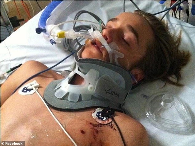 Cyclist Ryan Meuleman, then 15, suffered a punctured lung, broken ribs and lost 90 percent of his spleen (pictured in hospital after the accident).