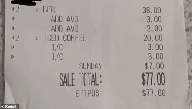 A man posted his receipt (pictured) for two rolls and two coffees at a beachside cafe in Darwin to Reddit, revealing he was charged a whopping $77