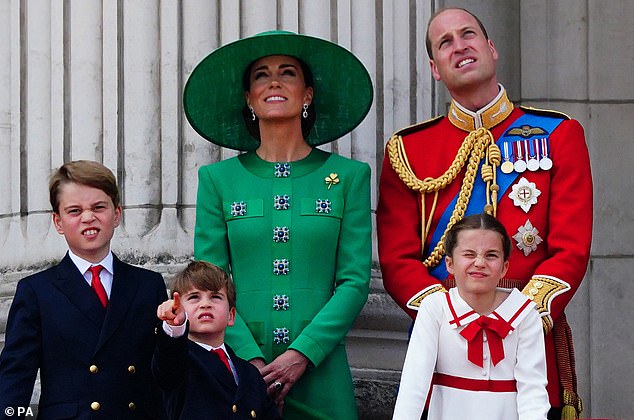 Kate, Prince William, Prince George, Prince Louis and Princess Charlotte looking to the sky during last year's Trooping the Color event