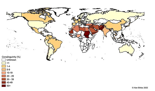 This map, produced by Australian genomics expert Professor Alan Bittles, shows rates of consanguineous marriage between cousins ​​around the world, based on data gathered from several studies.