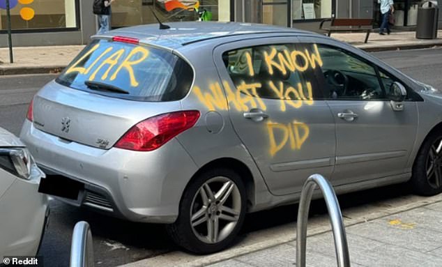A photo of a vandalized car, marked with the words 'liar' and 'I know what you did', has gone viral.