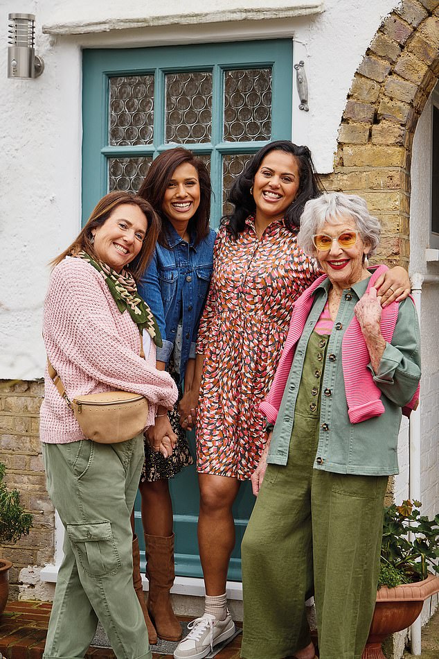 Left to right: cardigan, £60, scarf, £25 and bag, £49;  denim jacket, £55;  dress, £59;  jacket, £70, dungarees, £80 and jumper (over the shoulders), £59, all whitestuff.com