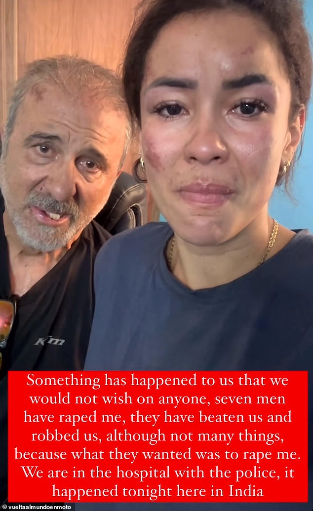 Fernanda (pictured, right) and her partner Vicente (pictured, left) have shared heartbreaking images after several men allegedly beat and raped the Brazilian influencer.