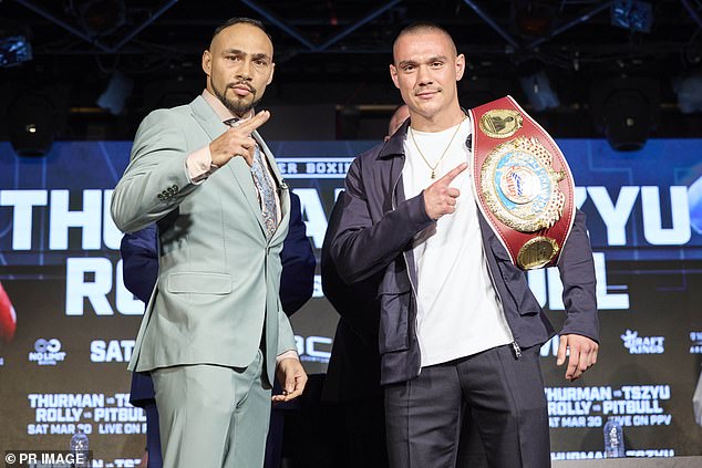 Thurman (pictured left with Tszyu when their fight was announced in February) reportedly tore his bicep in training.