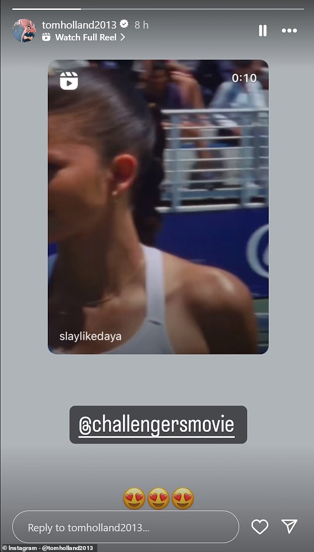 The Spider-Man actor, 27, reposted a reel from Zendaya's fan page @slaylikedaya that featured behind-the-scenes shots of Zendaya, also 27, from her new movie Challenger.