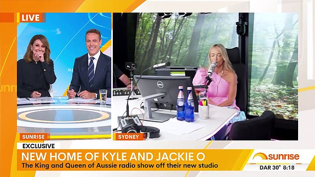 Radio superstars Kyle Sandilands and Jackie O Henderson appeared to be getting 'too hot' for Channel Seven's Sunrise on Tuesday.  Pictured: Hosts Natalie Barr and Matt Shirvington react to Jackie O Henderson's cheeky story.