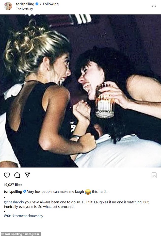 Tori Spelling took to Instagram on Tuesday to share a throwback photo with her Beverly Hills, 90210 co-star Shannen Doherty.  The actresses were photographed having fun together during the day while Shannen, now 52, ​​carried a drink in her hand.