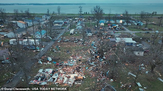 An overhead shot taken Friday at 8 a.m. in Medway, Ohio shows the scene of destruction after a tornado tore through a mobile home community
