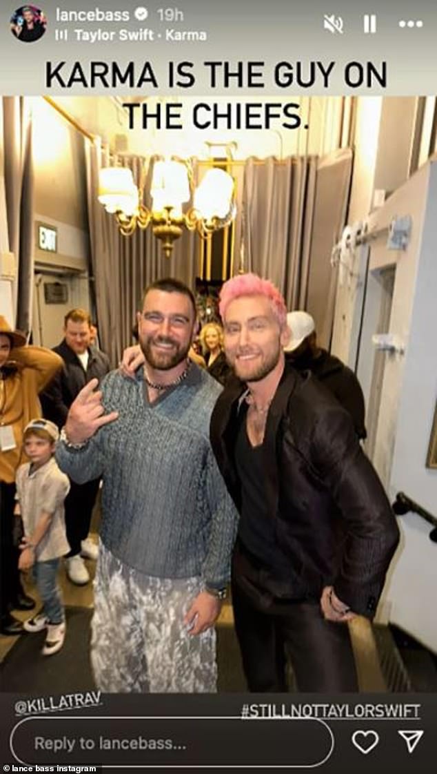 Travis Kelce, 34, excitedly posed with Lance Bass, 44, backstage at Justin Timberlake's concert in Los Angeles on Wednesday - but his girlfriend Taylor Swift was nowhere to be found