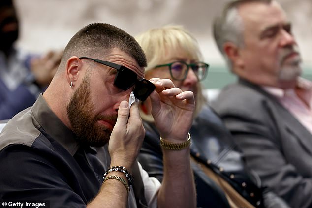 Kelce wiped tears from his eyes as his brother Jason spoke during his retirement ceremony.
